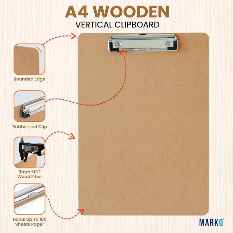 MARKQ Wooden Clipboard A4 (8.5x11 in) | Durable Brown Board with Strong Low Profile Metal Clip | Wooden A4 Clipboard for Exams, School, Office & Home Use, Pack of 1 - Image 2