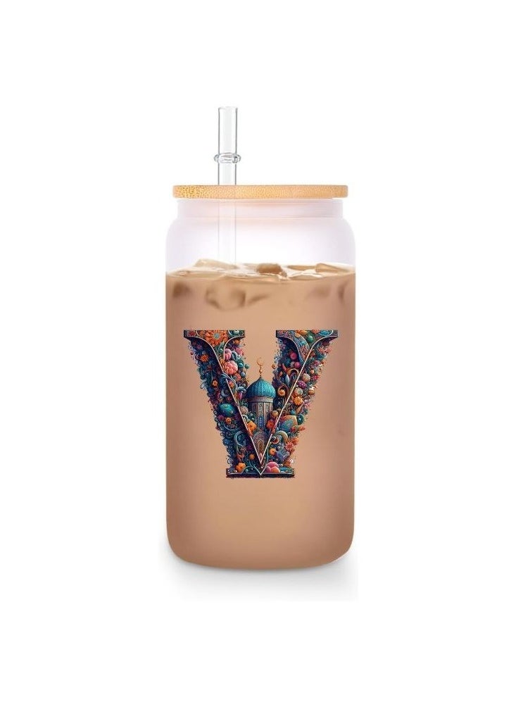 PRINTSHOP4ME - Eco-Friendly Reusable Glass Bottle with Straw and Bamboo Lid - 455 ml Initial Monogram Floral Design - Perfect for Iced Coffee, Tea - Durable, and Leak-Proof - Ideal for Office, and Travel - Image 1