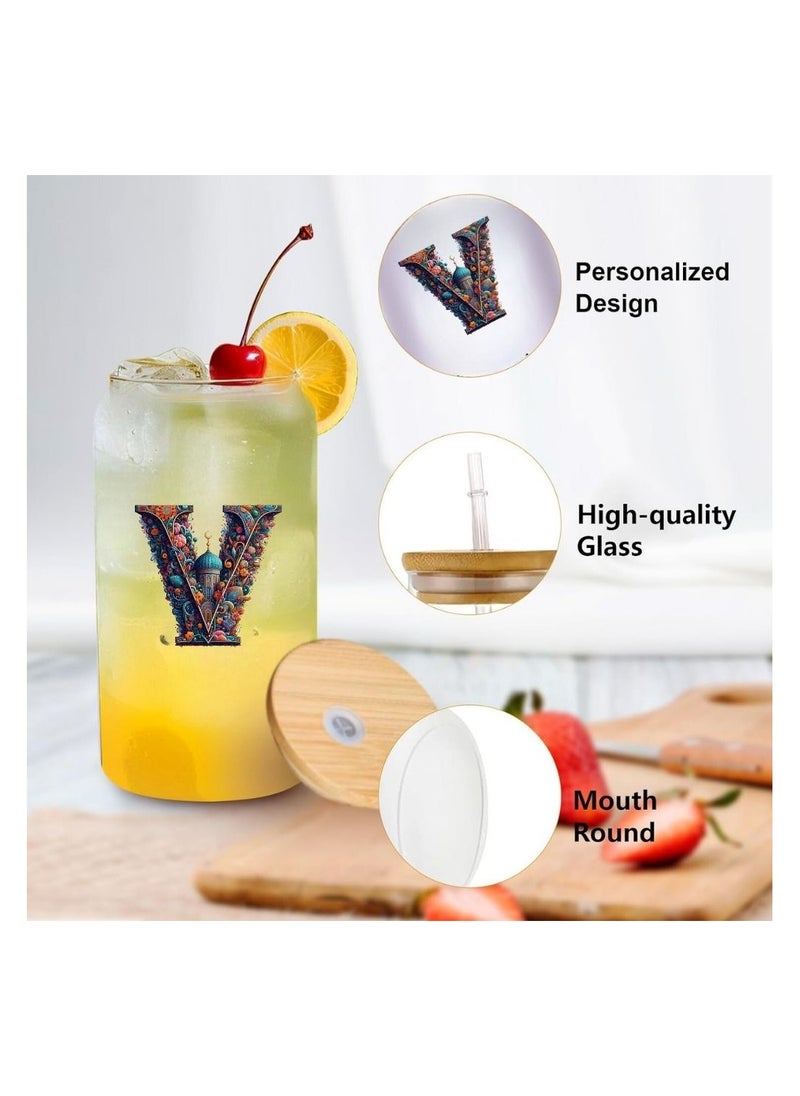 PRINTSHOP4ME - Eco-Friendly Reusable Glass Bottle with Straw and Bamboo Lid - 455 ml Initial Monogram Floral Design - Perfect for Iced Coffee, Tea - Durable, and Leak-Proof - Ideal for Office, and Travel - Image 1