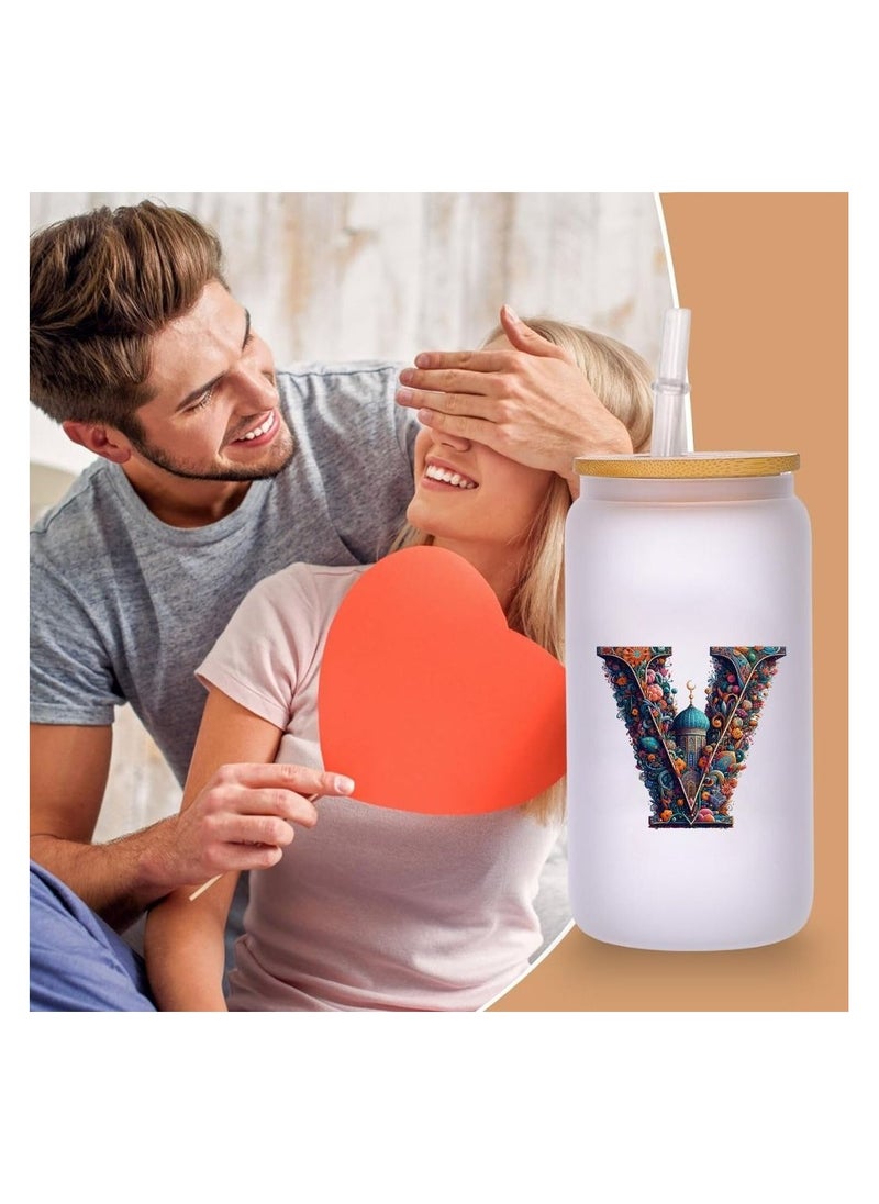 PRINTSHOP4ME - Eco-Friendly Reusable Glass Bottle with Straw and Bamboo Lid - 455 ml Initial Monogram Floral Design - Perfect for Iced Coffee, Tea - Durable, and Leak-Proof - Ideal for Office, and Travel - Image 1