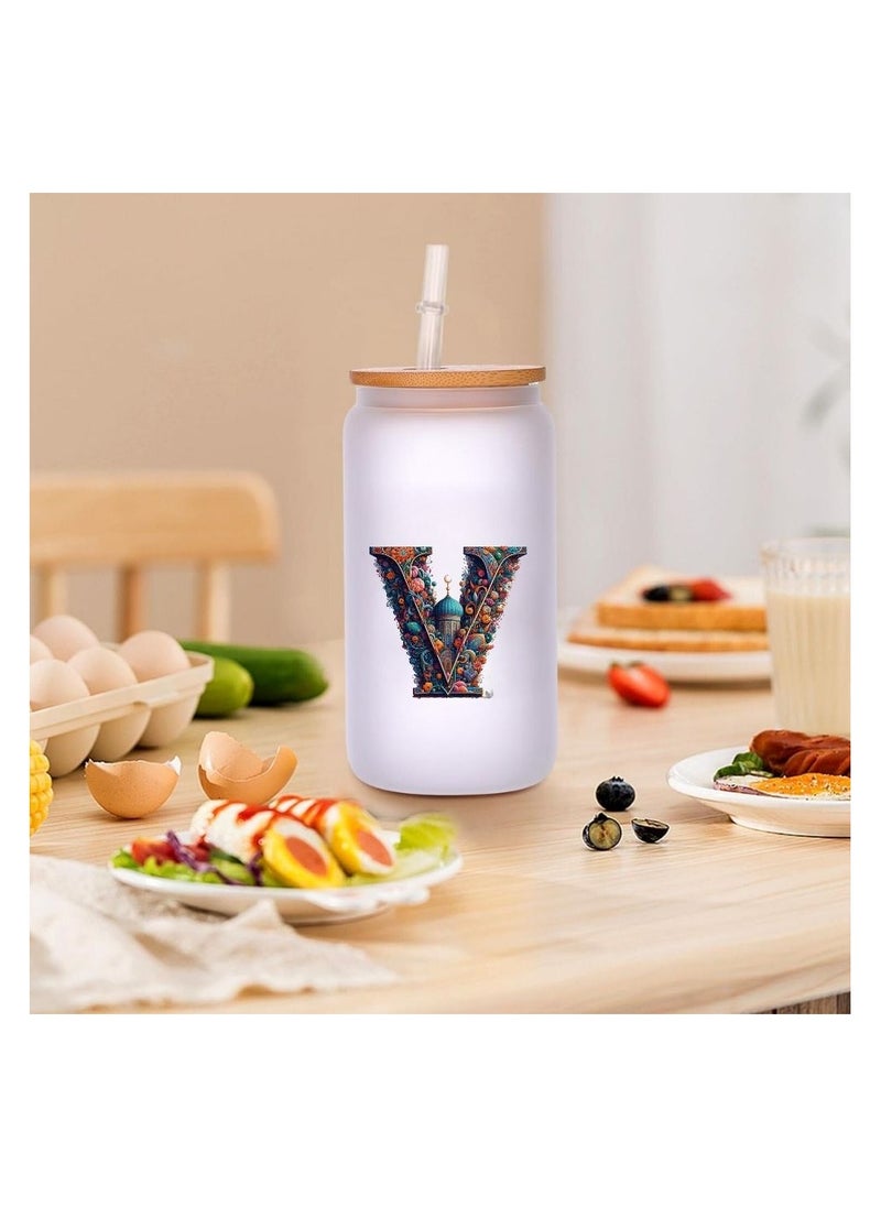PRINTSHOP4ME - Eco-Friendly Reusable Glass Bottle with Straw and Bamboo Lid - 455 ml Initial Monogram Floral Design - Perfect for Iced Coffee, Tea - Durable, and Leak-Proof - Ideal for Office, and Travel - Image 1