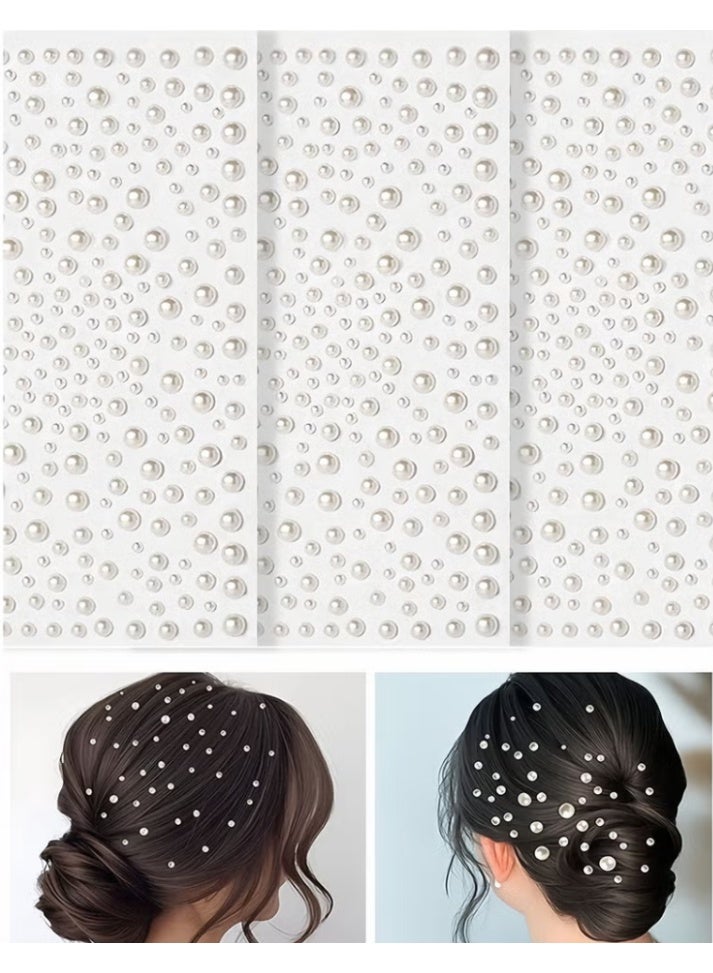 975 PCS 3D Self-Adhesive Pearl Rhinestones Set on 3 Sheets - Shiny White Pearls for Luxurious Hair, Face, Nail Decoration & Bridal Makeup - Image 1
