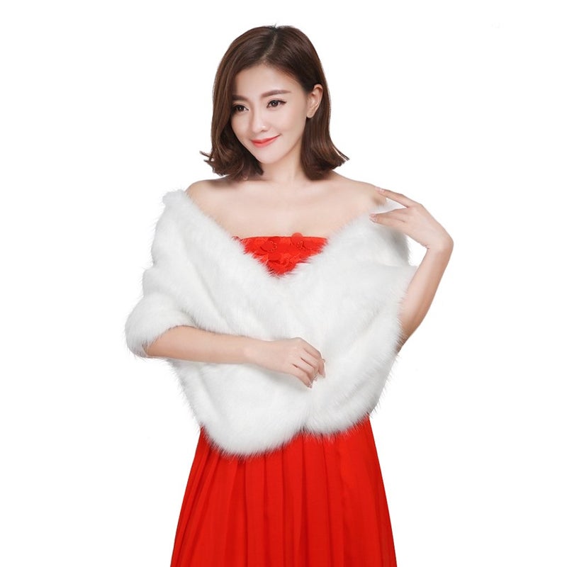Fakeface Women Winter Classic Faux Fur Capelets Shawls Soft Long Wedding Bridal Bridesmaid Shoulder Cape Wraps Dress Coat Tippet White - Image 2