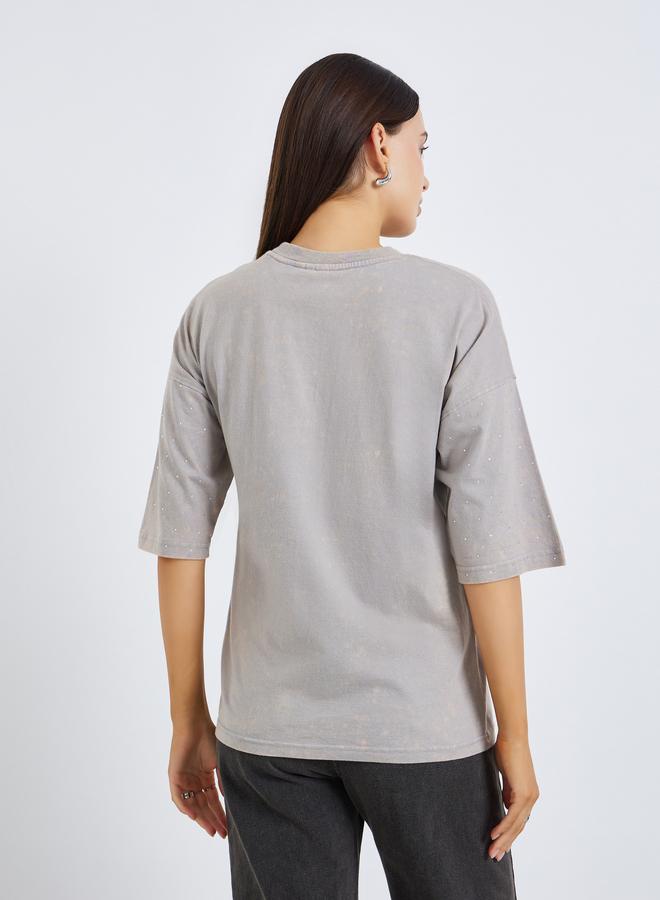 Styli Women Washed Studded Sleeve 100% Cotton T-Shirt - Image 4