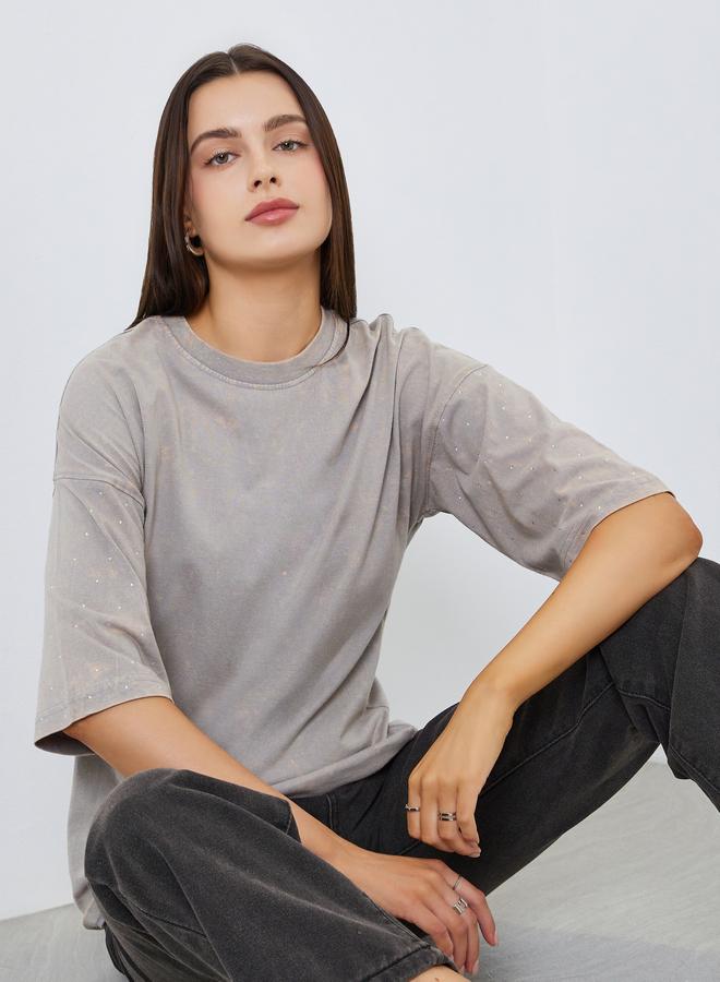 Styli Women Washed Studded Sleeve 100% Cotton T-Shirt - Image 1