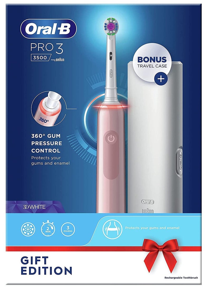 Oral-B - Oral-B Pro 3 Electric Toothbrush with Smart Pressure Sensor, 1 3D White Toothbrush Head and Travel Case, 3500 Pink - Image 1