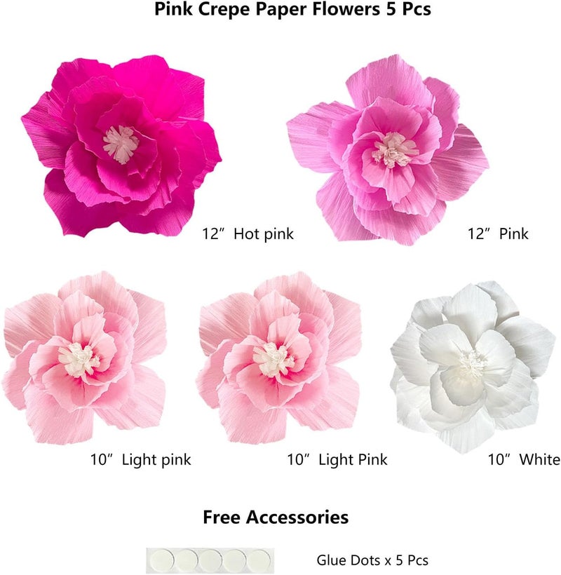 ANSOMO Pink Paper Flowers Artificial Crepe Tissue Hot Light Pink White Wall Décor Wedding Birthday Bridal Baby Shower Classroom Nursery Room Backdrop Centerpieces 5 Pcs Party Decorations Supplies - Image 2