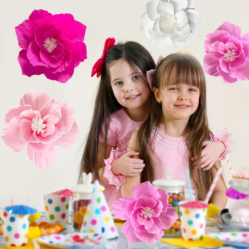 ANSOMO Pink Paper Flowers Artificial Crepe Tissue Hot Light Pink White Wall Décor Wedding Birthday Bridal Baby Shower Classroom Nursery Room Backdrop Centerpieces 5 Pcs Party Decorations Supplies - Image 4