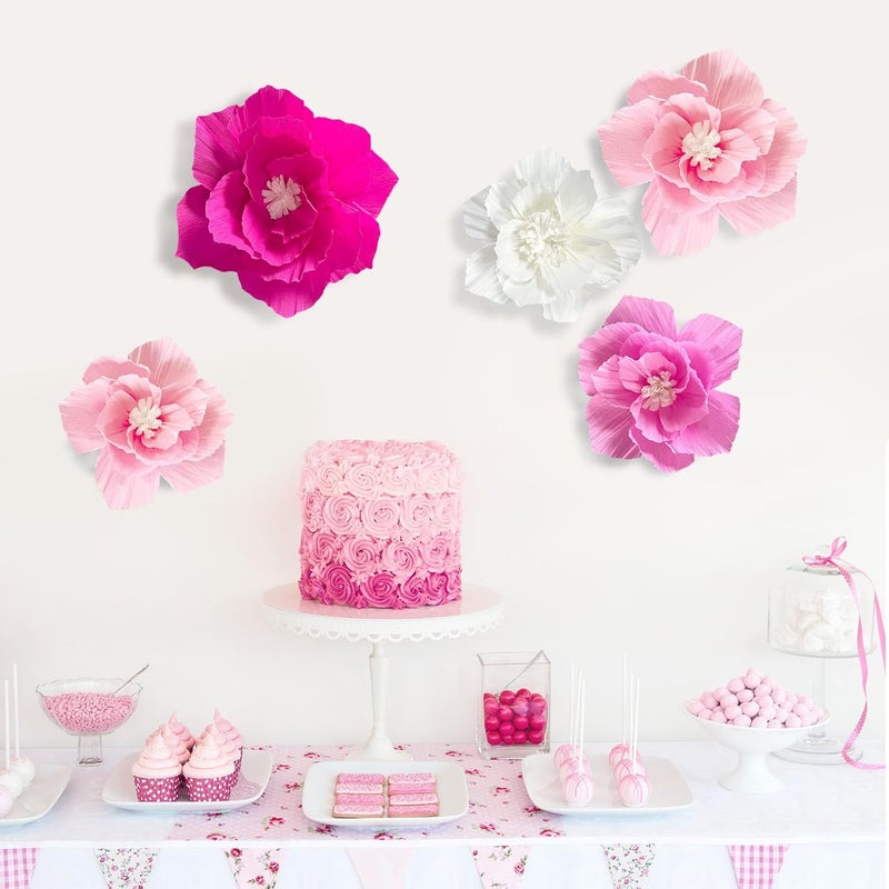 ANSOMO Pink Paper Flowers Artificial Crepe Tissue Hot Light Pink White Wall Décor Wedding Birthday Bridal Baby Shower Classroom Nursery Room Backdrop Centerpieces 5 Pcs Party Decorations Supplies - Image 3