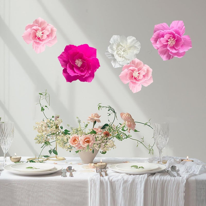 ANSOMO Pink Paper Flowers Artificial Crepe Tissue Hot Light Pink White Wall Décor Wedding Birthday Bridal Baby Shower Classroom Nursery Room Backdrop Centerpieces 5 Pcs Party Decorations Supplies - Image 5