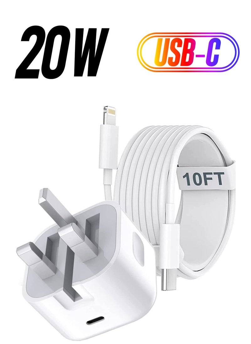 ELTRAZONE iPhone Fast Charger Plug & Cable 10FT, [Apple MFi Certified] iPhone 20W USB C USB C Charger Power Adapter w/ USB C to Lightning Cable iPhone 13/12/SE/11/XS/XR/X/8, iPad, AirPod, White  - Image 1