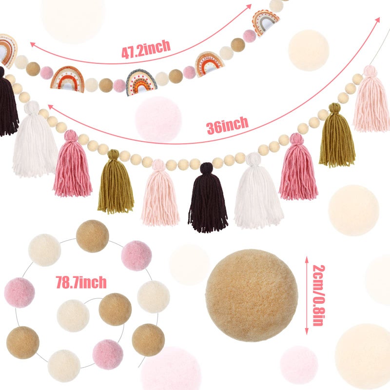 Tatuo 4 Pieces Boho Tassel Garland Rainbow Pom Pom Garland Wall Hanging Decor Pastel Tassel Boho Classroom Decor Felt Colorful Balls Garlands for Classroom Girls Bedroom Nursery Room Birthday Decor - Image 2