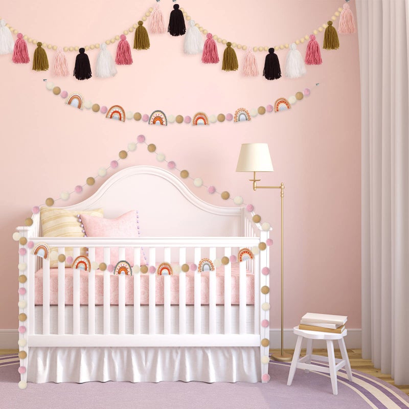 Tatuo 4 Pieces Boho Tassel Garland Rainbow Pom Pom Garland Wall Hanging Decor Pastel Tassel Boho Classroom Decor Felt Colorful Balls Garlands for Classroom Girls Bedroom Nursery Room Birthday Decor - Image 3