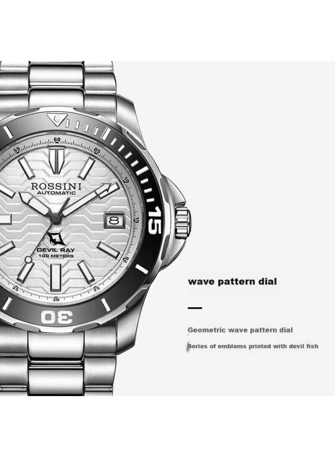 Rossini Men'S Automatic Mechanical Watch With White Dial And Steel Strap, Birthday Gift For Boyfriend, Chinese Watch, Luminous Diving Business Watch 5679 - Image 3