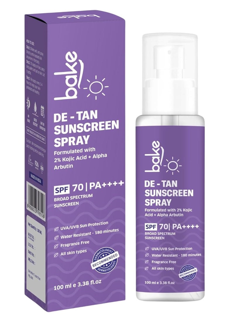 BAKE Spf 70 Sunscreen Spray Pa++++|Waterproof - 180 Minutes|With 2% Kojic Acid & Alpha Arbutin,Sweat Resistant|For Tan Removal,Pigmentation & Uva/B Sun Protection|No Whitecast,Lightweight - 100Ml,All - Image 1