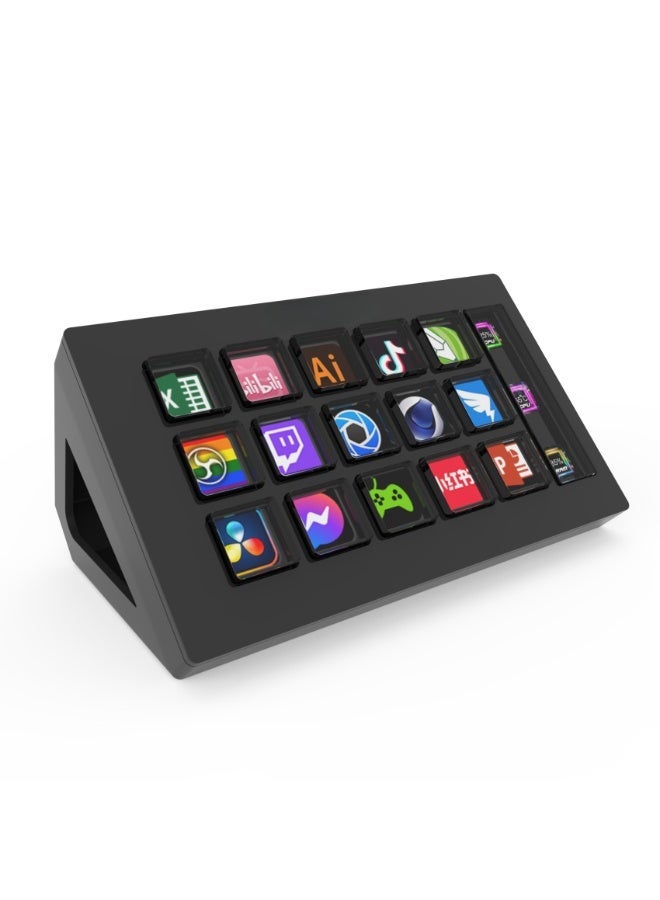 A 15-key LCD screen visual keyboard with customizable controllers, suitable for live streaming and content creation. A one-handed keyboard for Twitch/YouTube live streaming, compatible with PC/Mac, improving workflow (black). - Image 1