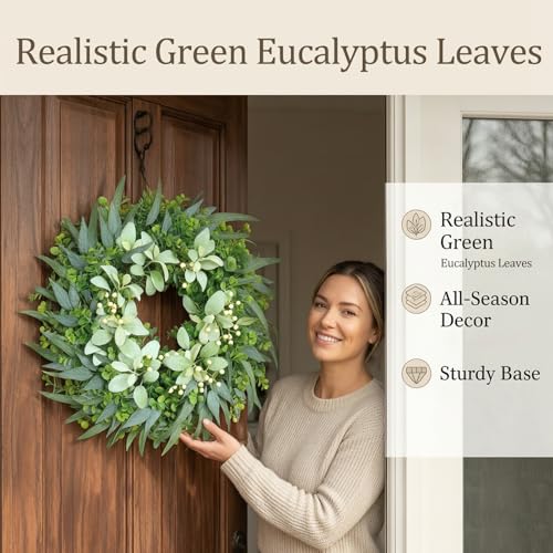 Zmtyykh 26 Inch Eucalyptus Wreath Large Spring Wreath for Front Door with Lamb’s Ear White Berries Outdoor Wreath Farmhouse Home Decor Front Porch Wall Indoors Greenery Wreath for All Seasons Summer - Image 2