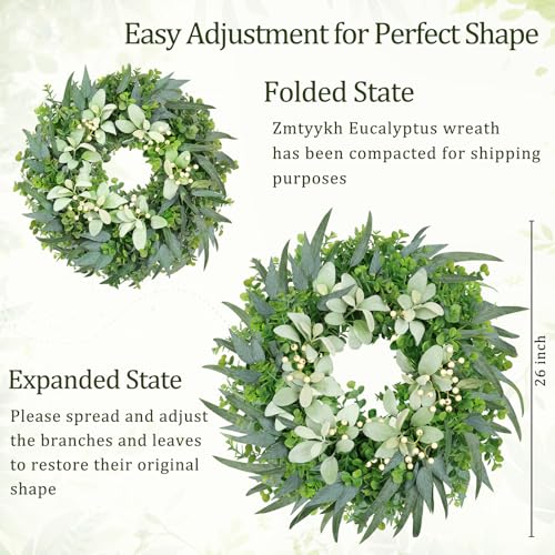 Zmtyykh 26 Inch Eucalyptus Wreath Large Spring Wreath for Front Door with Lamb’s Ear White Berries Outdoor Wreath Farmhouse Home Decor Front Porch Wall Indoors Greenery Wreath for All Seasons Summer - Image 5