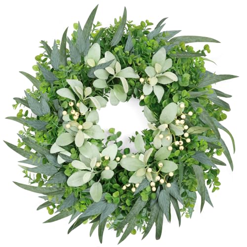 Zmtyykh 26 Inch Eucalyptus Wreath Large Spring Wreath for Front Door with Lamb’s Ear White Berries Outdoor Wreath Farmhouse Home Decor Front Porch Wall Indoors Greenery Wreath for All Seasons Summer - Image 1