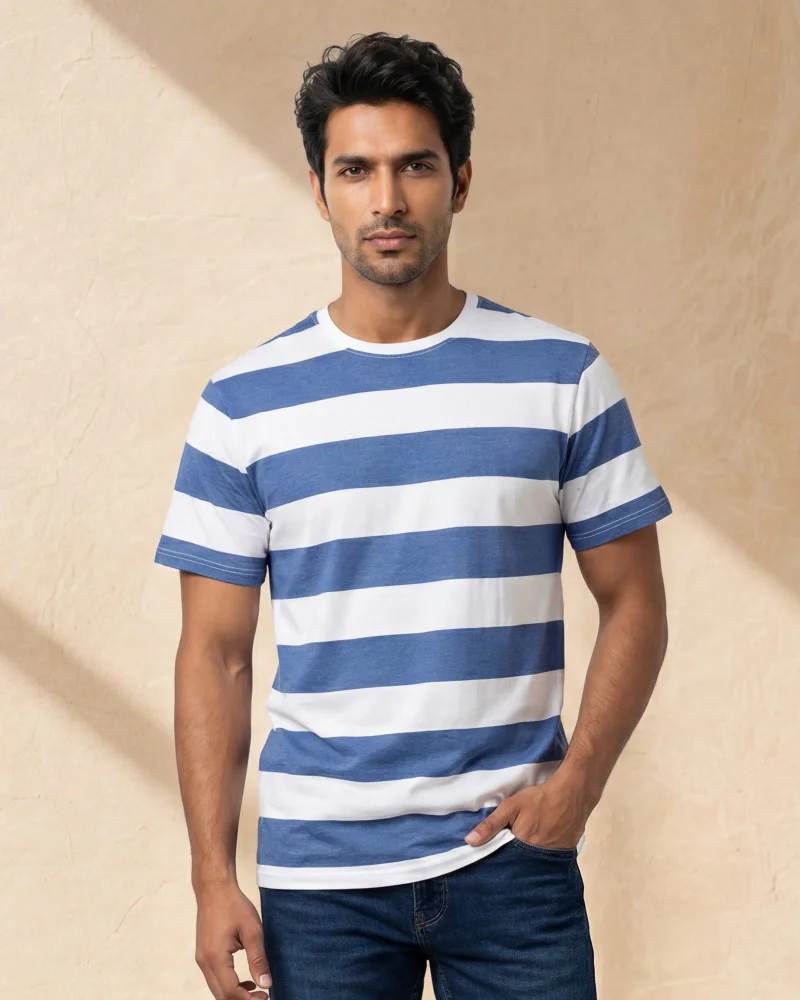 Redtag Men White and Blue And Striped T-Shirt