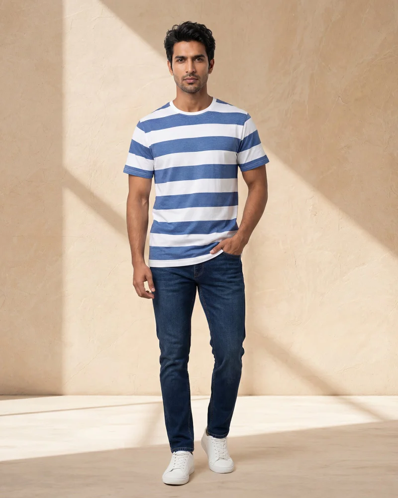 Redtag Men White and Blue And Striped T-Shirt