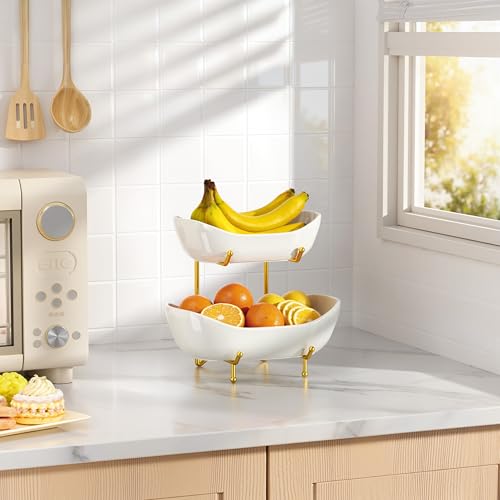Josmimic 2 Tier Ceramic Fruit Bowl for Kitchen Counter Fruit Basket with Gold Metal Stand Holder for Snacks Nuts Cakes Desserts Bread Candy Storage - Image 3