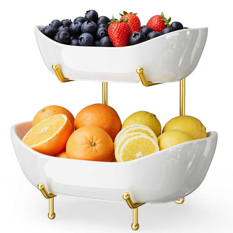 Josmimic 2 Tier Ceramic Fruit Bowl for Kitchen Counter Fruit Basket with Gold Metal Stand Holder for Snacks Nuts Cakes Desserts Bread Candy Storage - Image 2