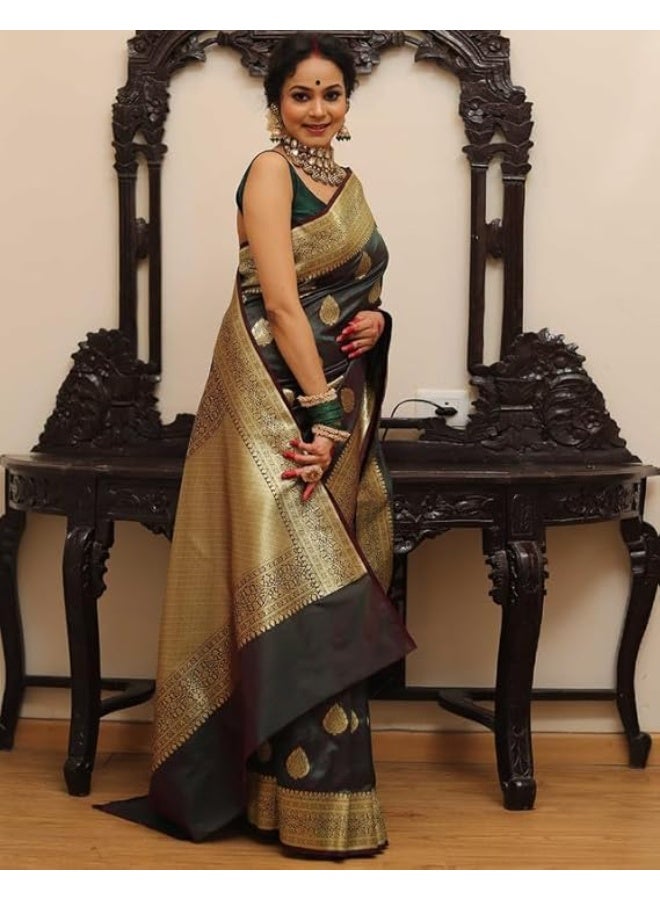 ساري حرير كانجيفارام ناعم للنساء من سيريل، ساري حرير نقي مع بلوزة غير مخيطة - Image 3