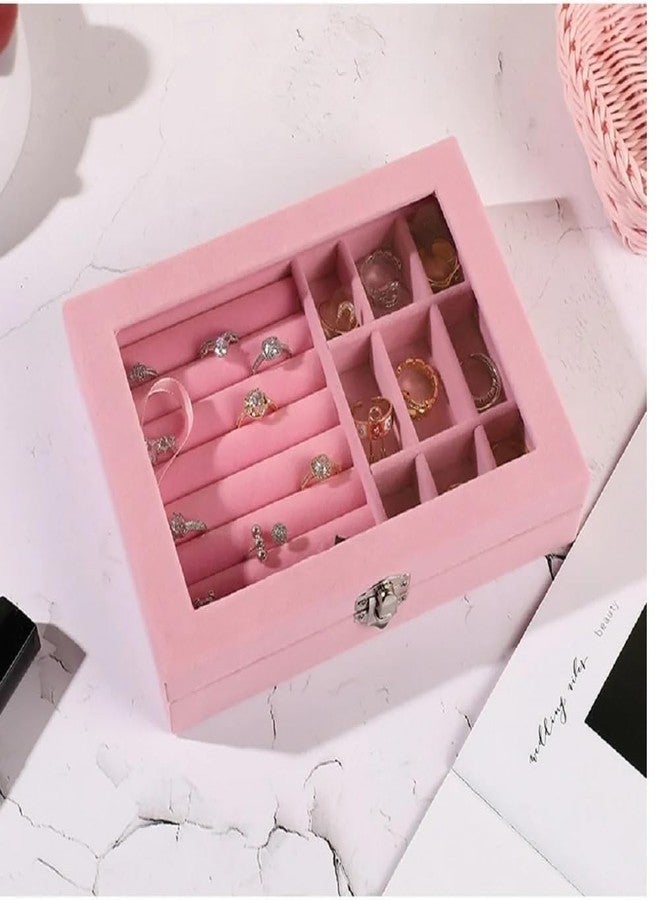 N M Z Womens Velvet 9 Grid Jewelry Organizer Box ClearTransparent Lid & Lock Storage for Ring, Earring, Pendant (Multicolour) - Image 2