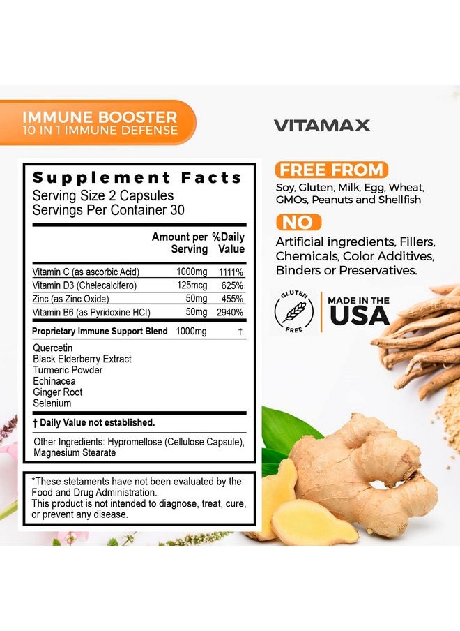 Vitamax - 10In1 Immune System Support Booster With Elderberry D3 Selenium Quercetin Zinc Vitamin C Ginger Turmeric Curcumin B6 Echinacea Natural Immune Defense Made In Usa 2 Pack (120 Count) - Image 1
