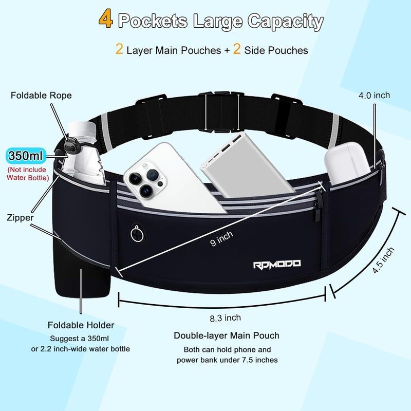 RDMODO Slim Running Belt with Water Bottle Holder, Water Resistant Fanny Packs for Women Menï¼Œ4 Pockets Running Phone Holder for Walking Cycling, Adjustable Waist Bag for iPhone 17 16 15 Samsungï¼ˆBlackï¼‰ - Image 2