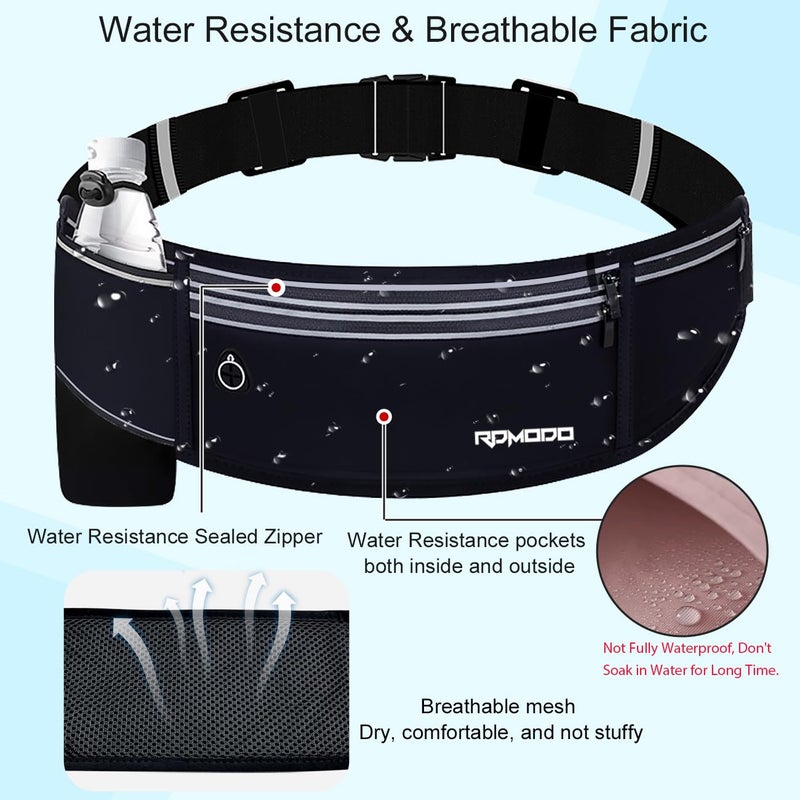 RDMODO Slim Running Belt with Water Bottle Holder, Water Resistant Fanny Packs for Women Menï¼Œ4 Pockets Running Phone Holder for Walking Cycling, Adjustable Waist Bag for iPhone 17 16 15 Samsungï¼ˆBlackï¼‰ - Image 3