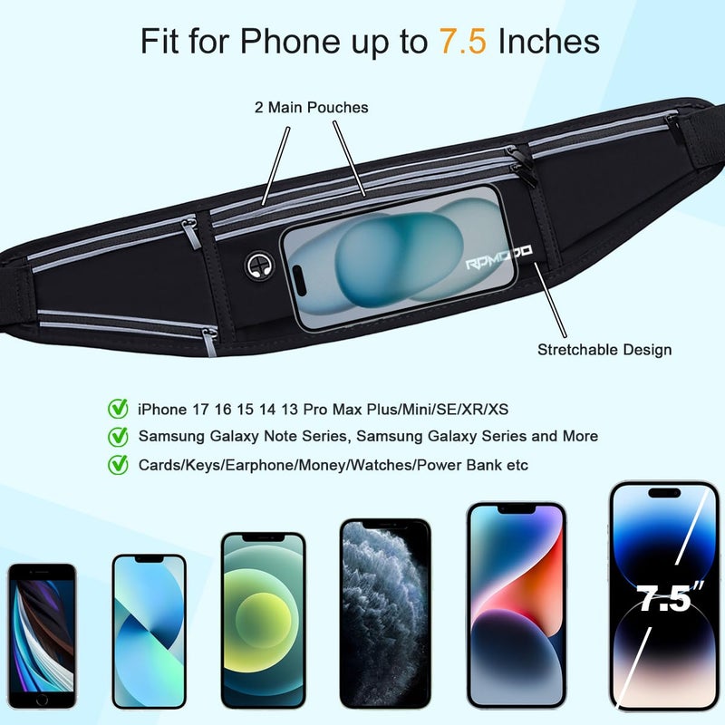 RDMODO Slim Running Belt with Water Bottle Holder, Water Resistant Fanny Packs for Women Menï¼Œ4 Pockets Running Phone Holder for Walking Cycling, Adjustable Waist Bag for iPhone 17 16 15 Samsungï¼ˆBlackï¼‰ - Image 4