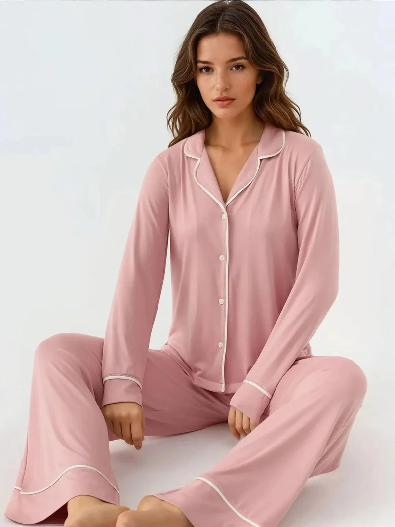 HICCUP Relaxed Fit Long Sleeve Extra Soft Touch Pajama Set with Shirt Collar