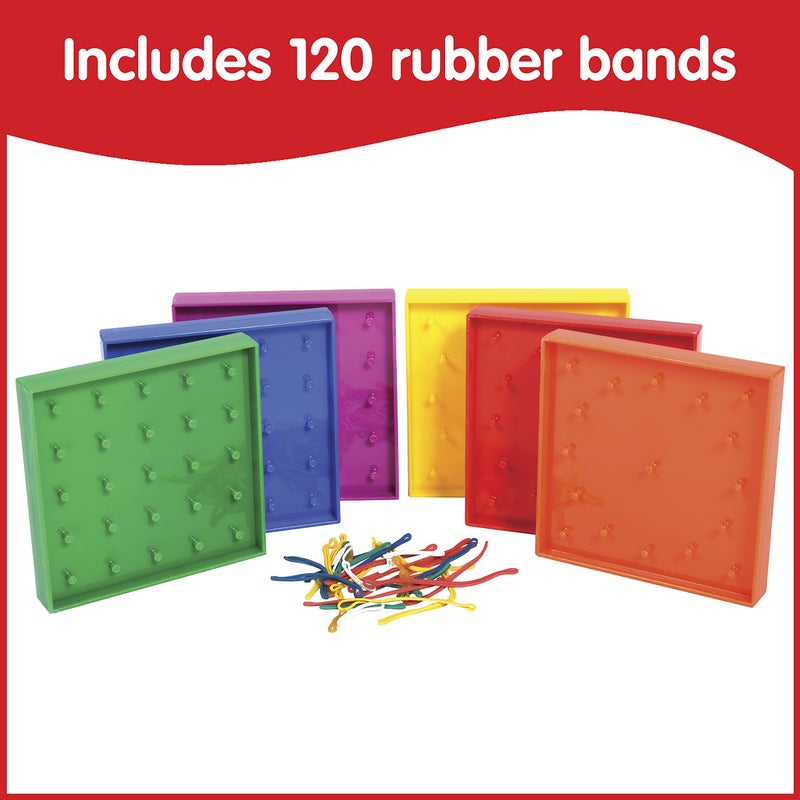 edxeducation Double-Sided Geoboard Set | Set of 6 with Rubber Bands | Ages 3+ | Math Resources, Fine Motor Skills for Kids | 5 x 5 Grid/12 Pin Circular Array - Image 4