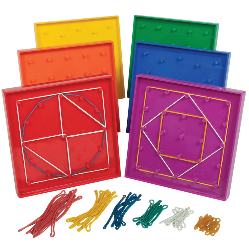 edxeducation Double-Sided Geoboard Set | Set of 6 with Rubber Bands | Ages 3+ | Math Resources, Fine Motor Skills for Kids | 5 x 5 Grid/12 Pin Circular Array - Image 1