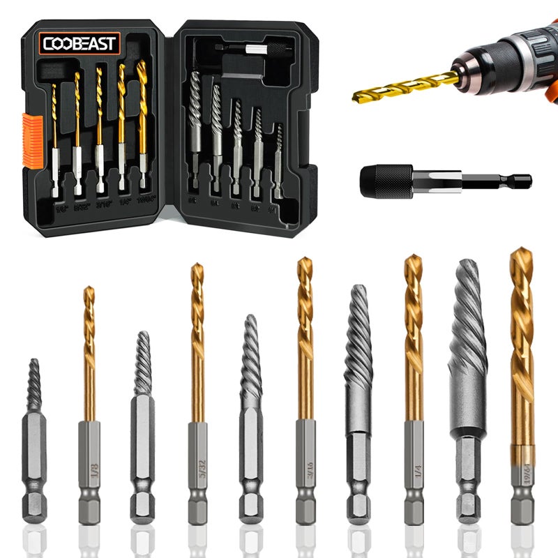 Coobeast 11Pcs Screw Extractor Set, Left Hand Drill Bit and Bolt Extractor Kit Easy to Remove Stripped Broken Damaged Screw Bolt and Nut Out, Reverse Drill Bit Extractor Set with Sturdy Case - Image 1