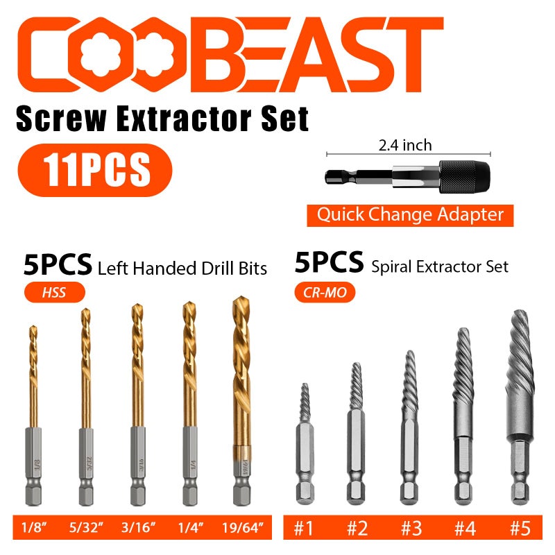 Coobeast 11Pcs Screw Extractor Set, Left Hand Drill Bit and Bolt Extractor Kit Easy to Remove Stripped Broken Damaged Screw Bolt and Nut Out, Reverse Drill Bit Extractor Set with Sturdy Case - Image 2