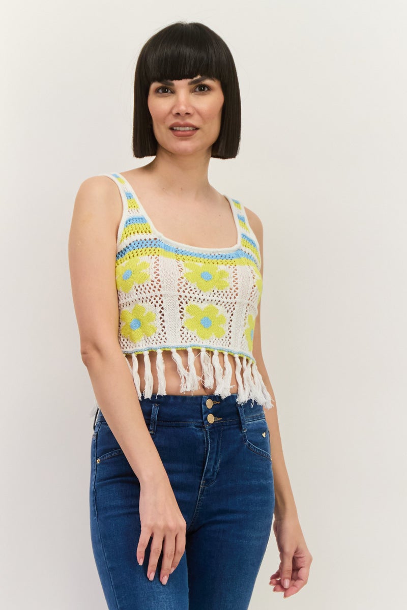 Lefties Women Scoop Neck Knitted Sleeveless Tank Top, White combo - Image 1