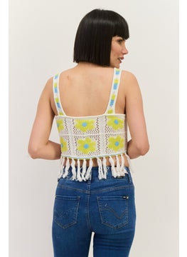 Lefties Women Scoop Neck Knitted Sleeveless Tank Top, White combo  - Image 3