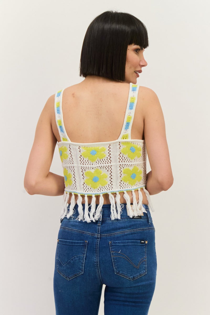 Lefties Women Scoop Neck Knitted Sleeveless Tank Top, White combo - Image 3