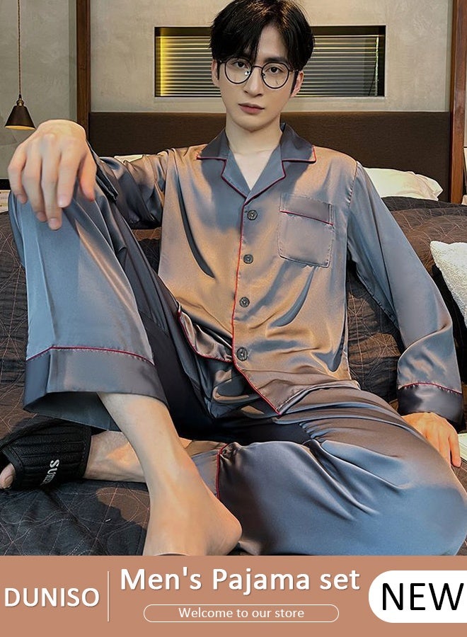 DUNISO 2-piece Men' s Pajama Sets Silk Satin Long Sleeve Sleepwear with Button Classic Loungewear Nightwear Notch Neck Shirt and Waist Elastic Pants Pajama Set for Men - Image 1