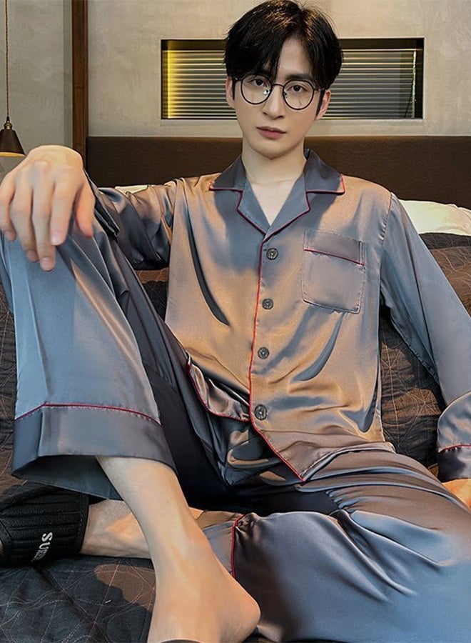 DUNISO 2-piece Men' s Pajama Sets Silk Satin Long Sleeve Sleepwear with Button Classic Loungewear Nightwear Notch Neck Shirt and Waist Elastic Pants Pajama Set for Men - Image 3