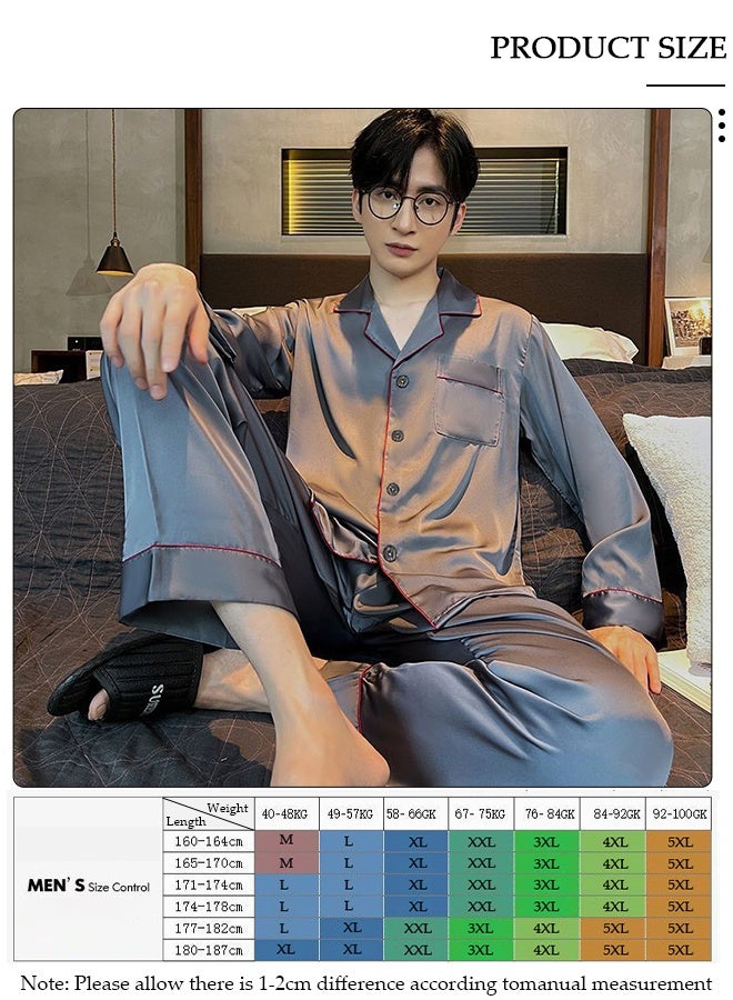 DUNISO 2-piece Men' s Pajama Sets Silk Satin Long Sleeve Sleepwear with Button Classic Loungewear Nightwear Notch Neck Shirt and Waist Elastic Pants Pajama Set for Men - Image 2