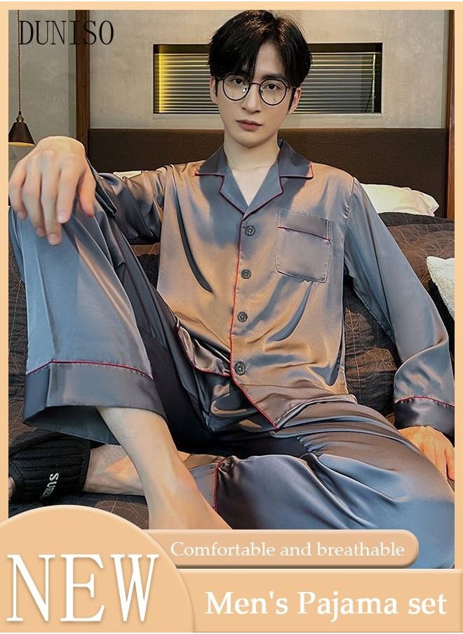 DUNISO - 2-piece Men' s Pajama Sets Silk Satin Long Sleeve Sleepwear with Button Classic Loungewear Nightwear Notch Neck Shirt and Waist Elastic Pants Pajama Set for Men - Image 1
