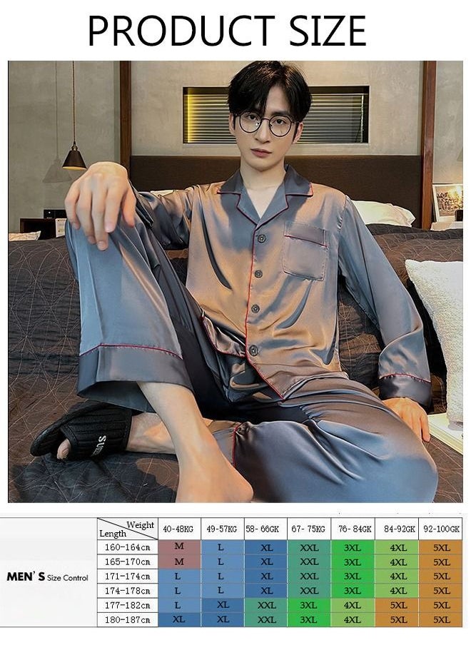 DUNISO - 2-piece Men' s Pajama Sets Silk Satin Long Sleeve Sleepwear with Button Classic Loungewear Nightwear Notch Neck Shirt and Waist Elastic Pants Pajama Set for Men - Image 1