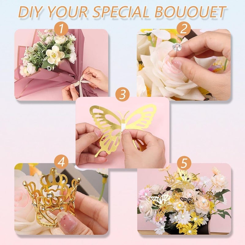 Majreey Floral Wrapping Paper Kit, 80Sheet Waterproof Floral Paper, 3Rolls Ribbon for Flower Bouquet, 2Rolls Transparent Tape,100Pcs Flower Pins, 48Pcs 3D Butterflies, 9Pcs Crowns for Florist Wrapping - Image 5