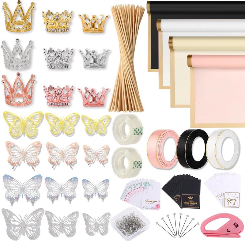 Majreey Floral Wrapping Paper Kit, 80Sheet Waterproof Floral Paper, 3Rolls Ribbon for Flower Bouquet, 2Rolls Transparent Tape,100Pcs Flower Pins, 48Pcs 3D Butterflies, 9Pcs Crowns for Florist Wrapping - Image 1