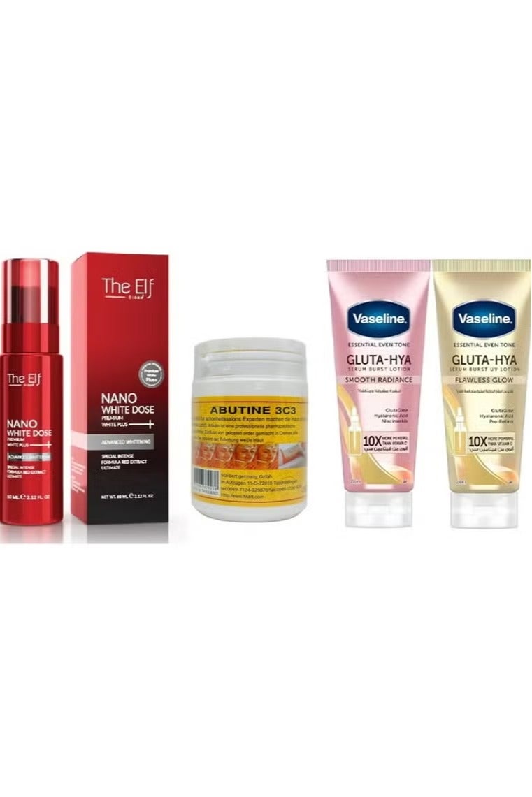The Elf Nano White Dose Premium White Plus Serum 60ml &Abutine 3C3 Skin Whitening Cream 250gm & Gluta-Hya Serum Burst Lotion Smooth Radiance - Flawless Glow Pack of 2 - Set