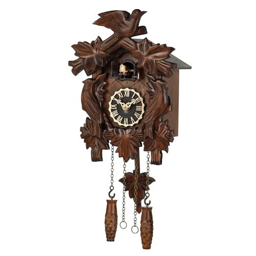 Kintrot Cuckoo Clock, Traditional Black Forest Handcrafted Wooden Quartz Clock for Wall Antique Decroration with Maple Leaf Pendulum, 12 Melodies, Night Sensor and Singing Bird - Image 1